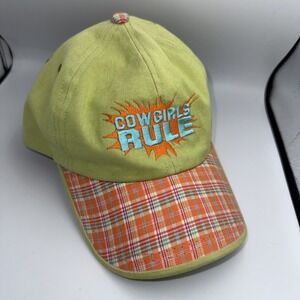 COWGIRLS RULE Ball Cap Lime Green Orange Blue Gingham Rodeo Vintage ponytail